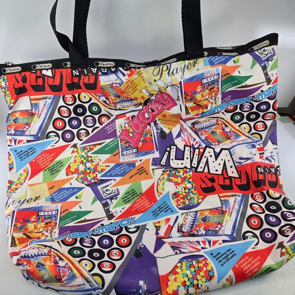 LeSportsac RARE Let's Play Arcade Game Pinball Billiards Print Tote Bag w Pouch